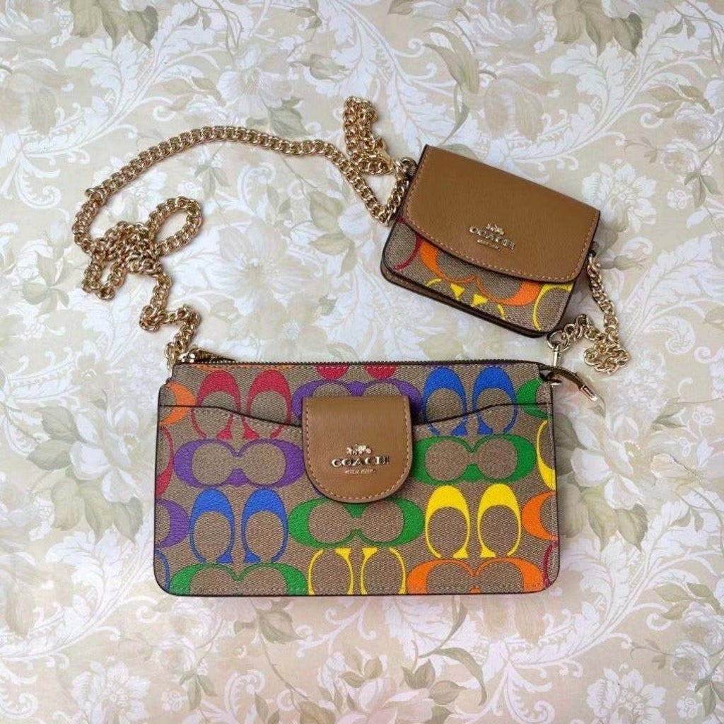 Coach C4697 Poppy Crossbody With Card Case In Rainbow Signature Canvas In Khaki Multi Coach C4697 Poppy Crossbody With Card Case In Rainbow Signature Canvas In Khaki Multi
